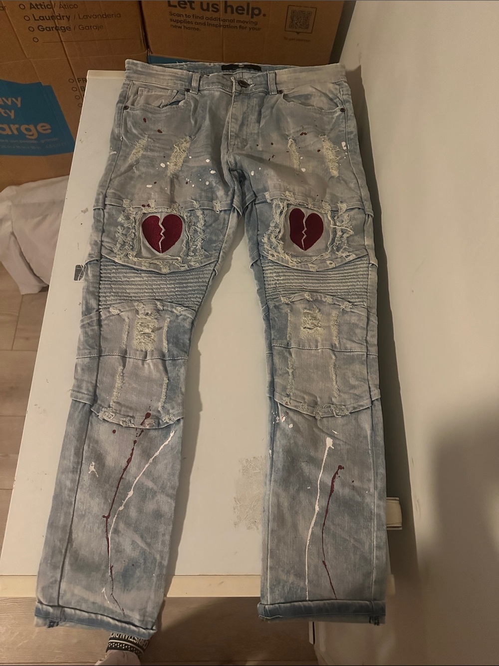 Men's Light Wash Slim Jeans with Red Heart Patch Detail